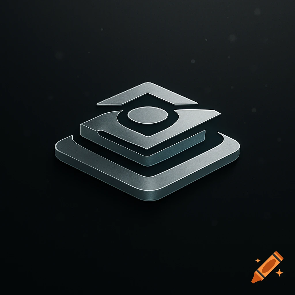 A silver 3D abstract logo with stacked layers and an eye-like symbol on a dark background.