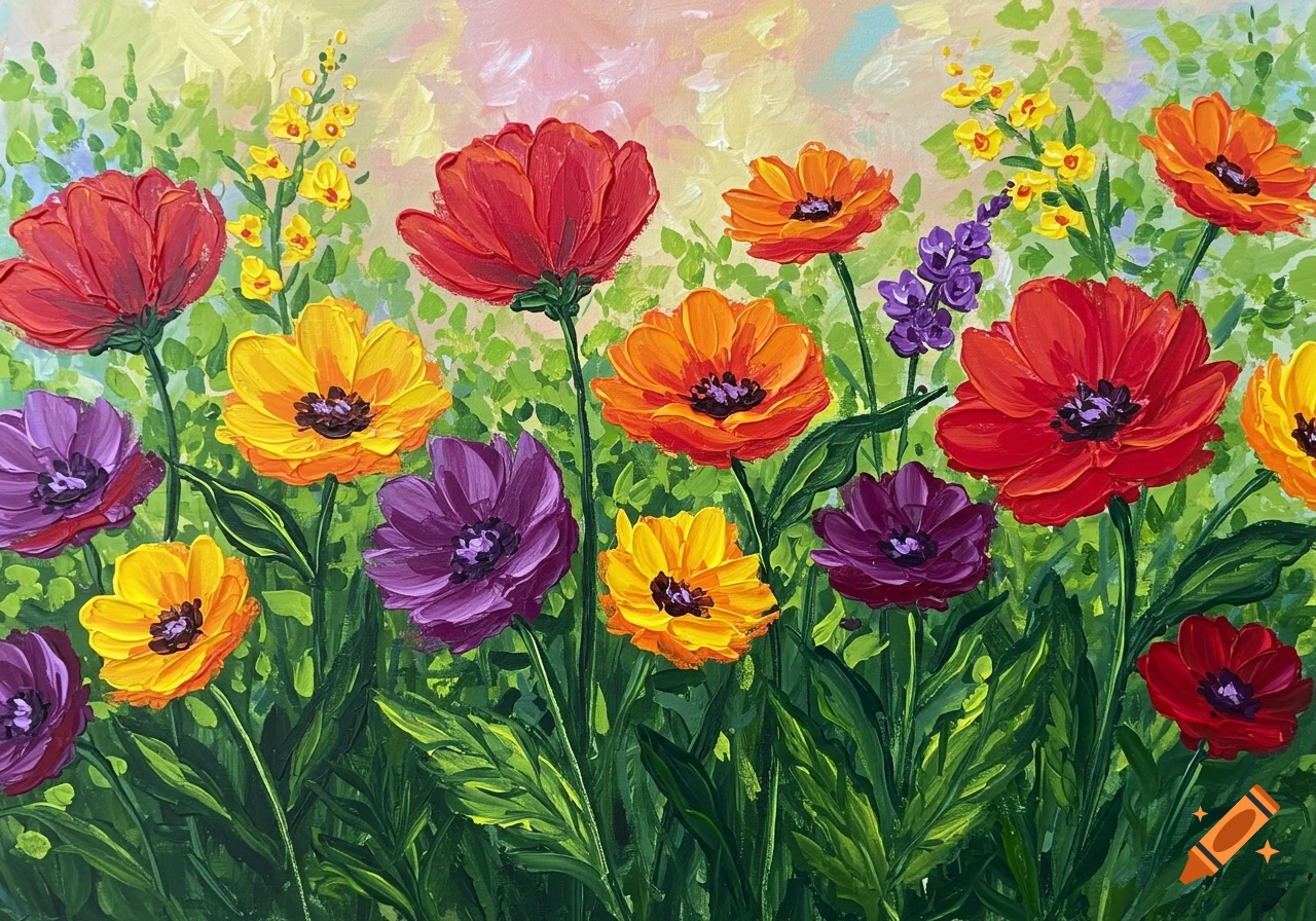 Vibrant red, orange, yellow, and purple flowers with green foliage, painted in a textured acrylic style.