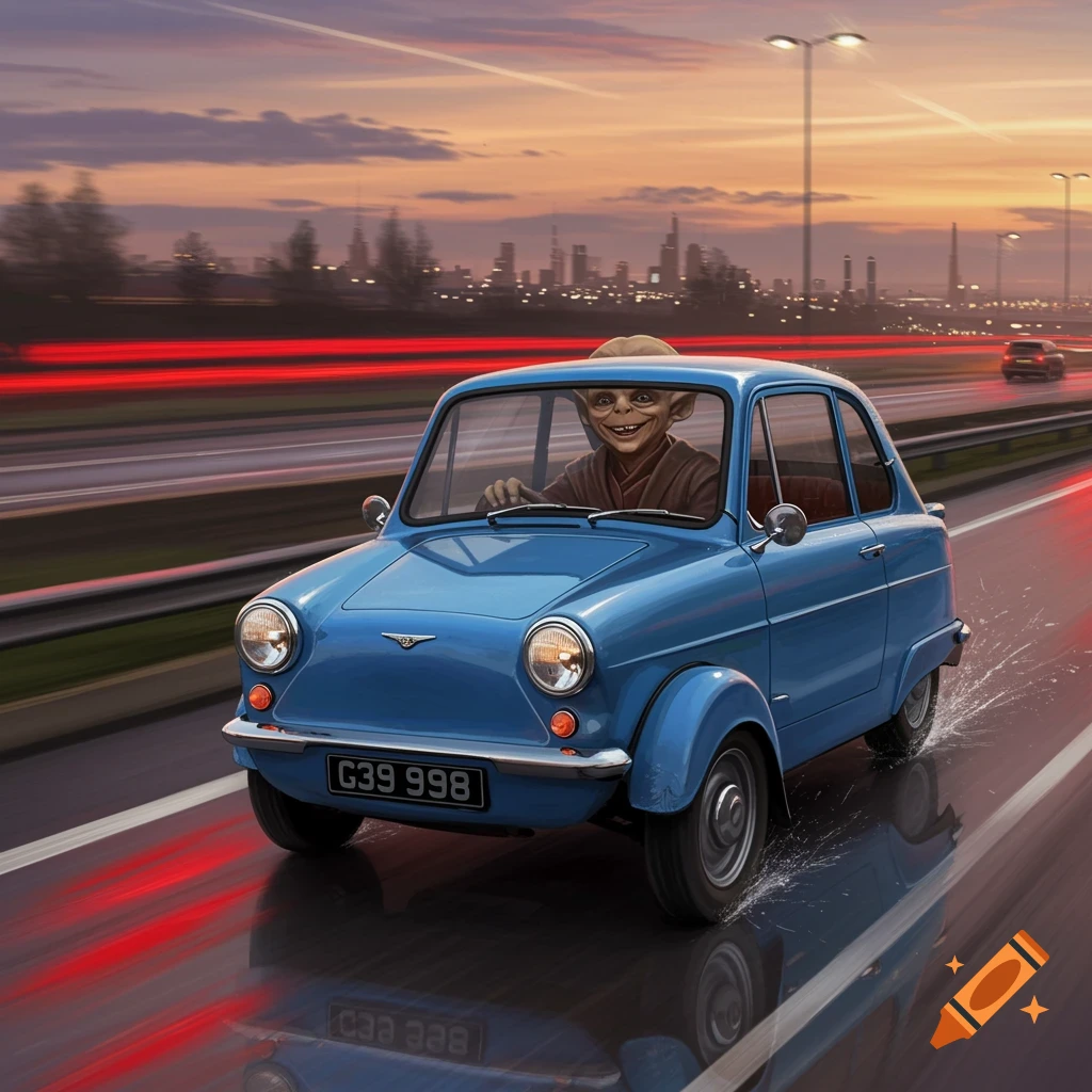A Ferengi alien from Star Trek drives a blue three-wheeled car on a highway at sunset, with red light trails.