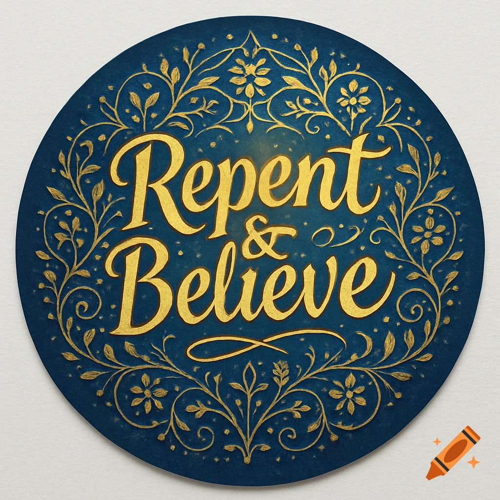 A circular blue design with ornate golden script saying 'Repent & Believe', surrounded by golden floral and leaf patterns.