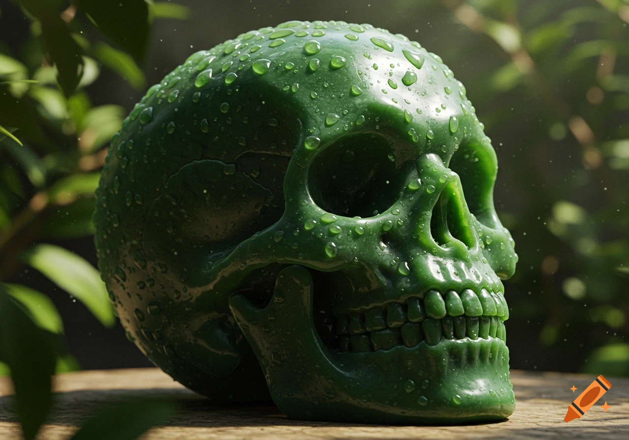 A detailed, photorealistic green jade skull covered in water droplets, resting on wood with blurred foliage in the background.