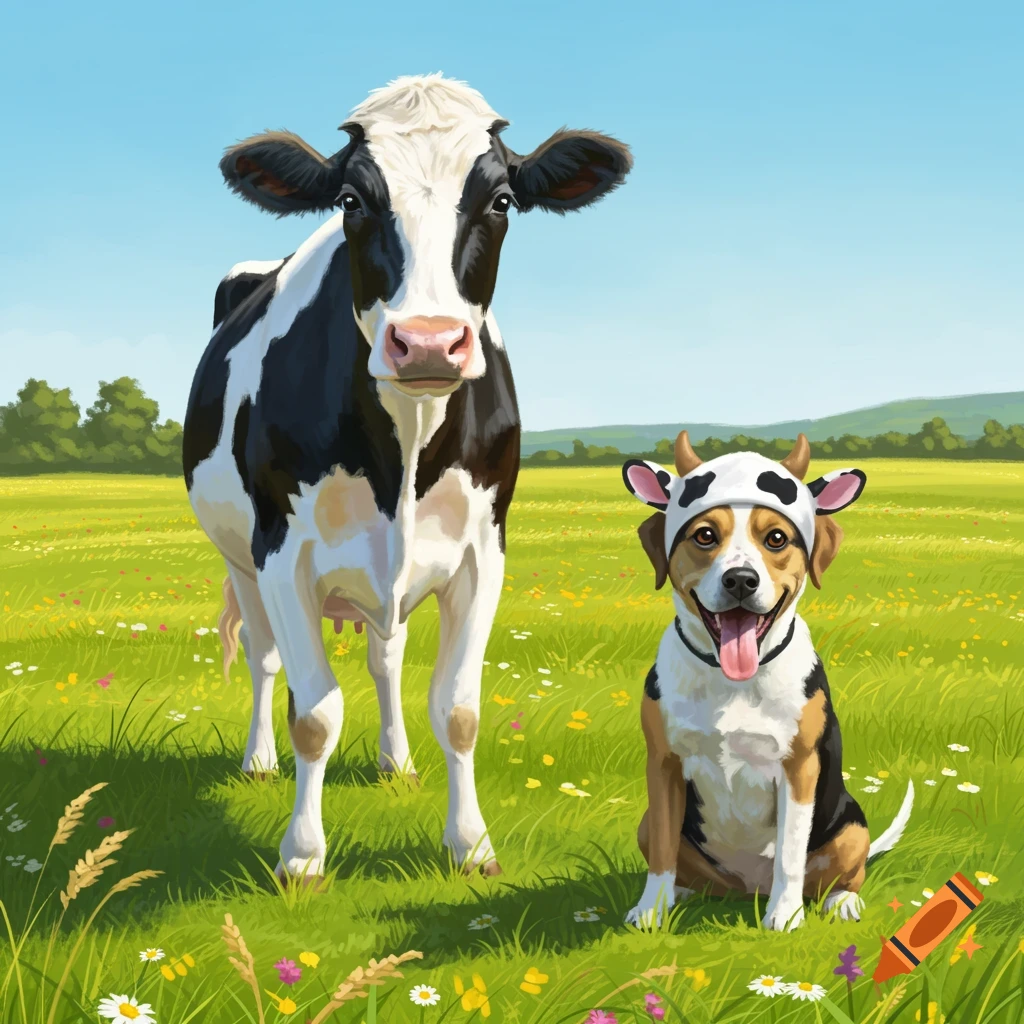 A Holstein cow stands next to a smiling beagle wearing a cow print hat in a sunny green field.