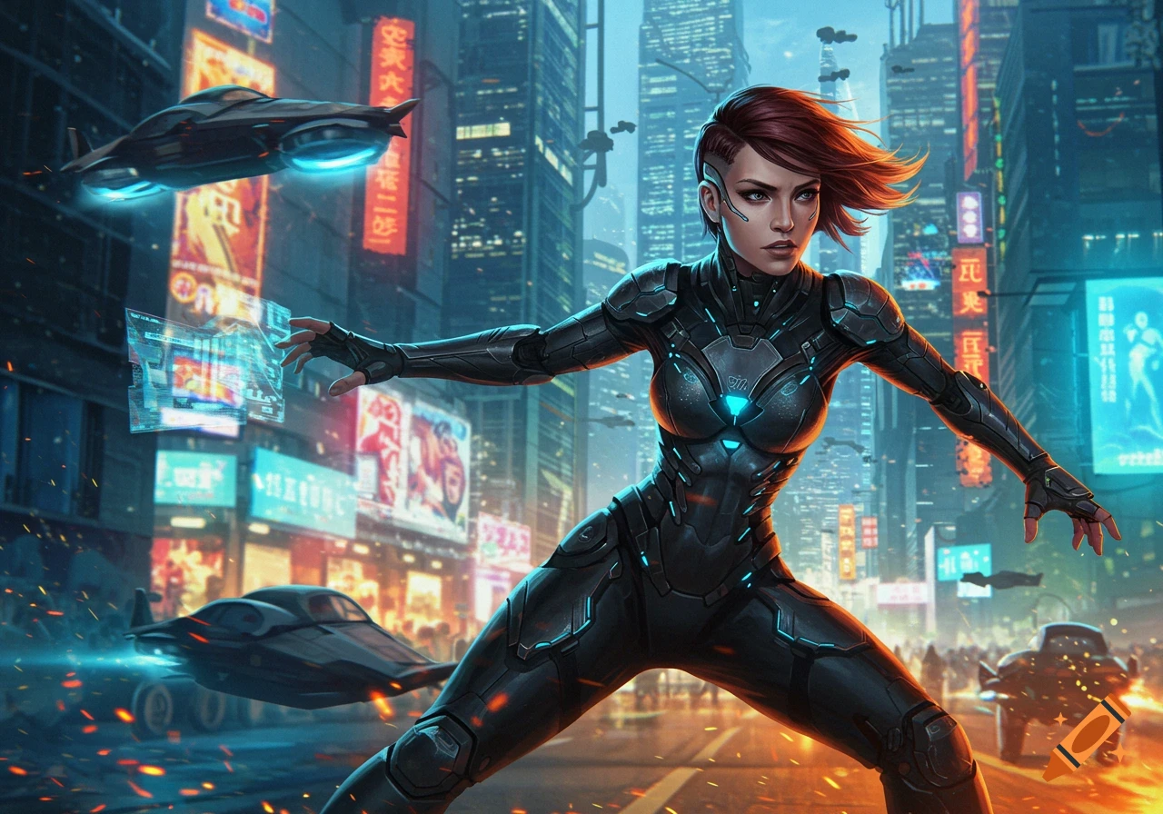 A futuristic female warrior in a black armored suit with glowing blue accents stands dynamically in a neon-lit cyberpunk city with flying vehicles.