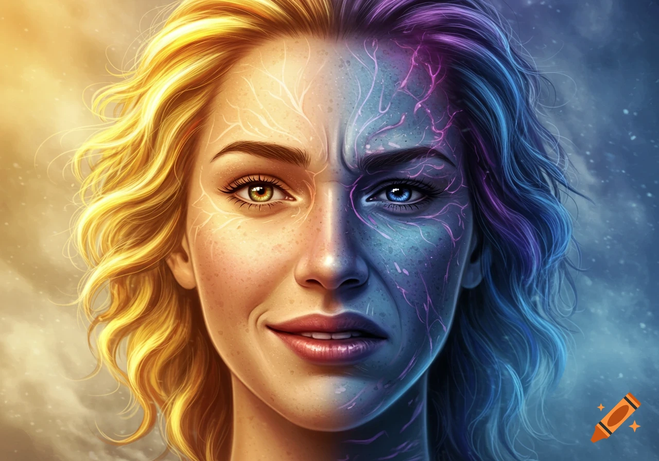 A woman's face split vertically, one side smiling with golden hair, the other frowning with blue hair and glowing veins.