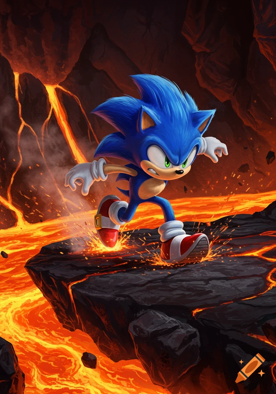 Sonic the Hedgehog runs across a landscape of black rock cracked with glowing orange lava.