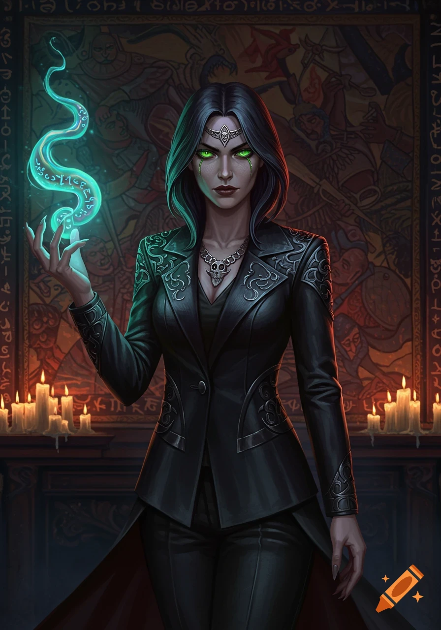 A dark-haired woman with glowing green eyes, wearing a black suit and skull necklace, holds a glowing green magical serpent.
