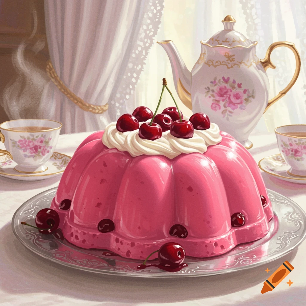A vibrant pink gelatin dessert with whipped cream and fresh cherries sits on a silver platter, with teacups and a teapot in the background.