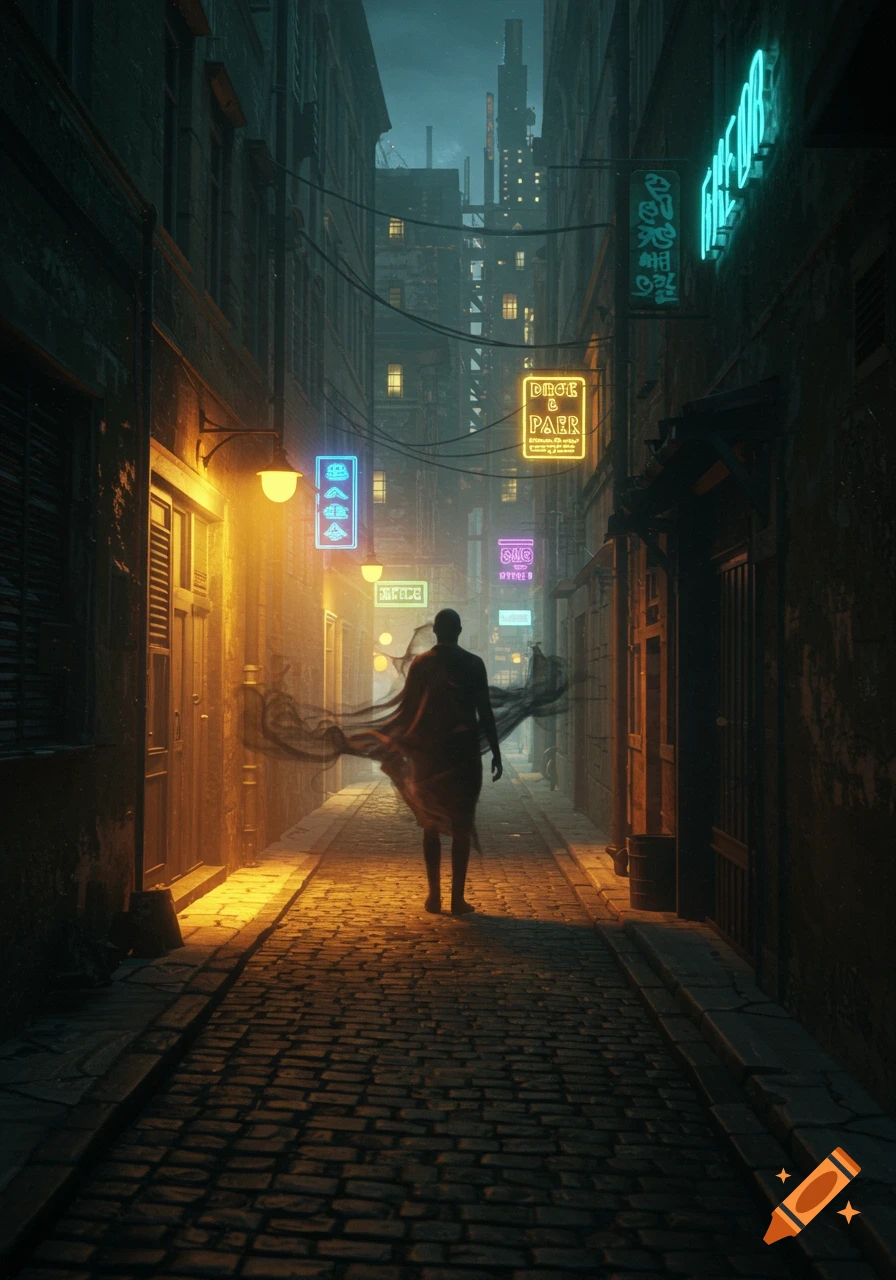 A dark, atmospheric alley at night with a silhouetted figure walking away. Neon signs glow along the narrow cobblestone street.