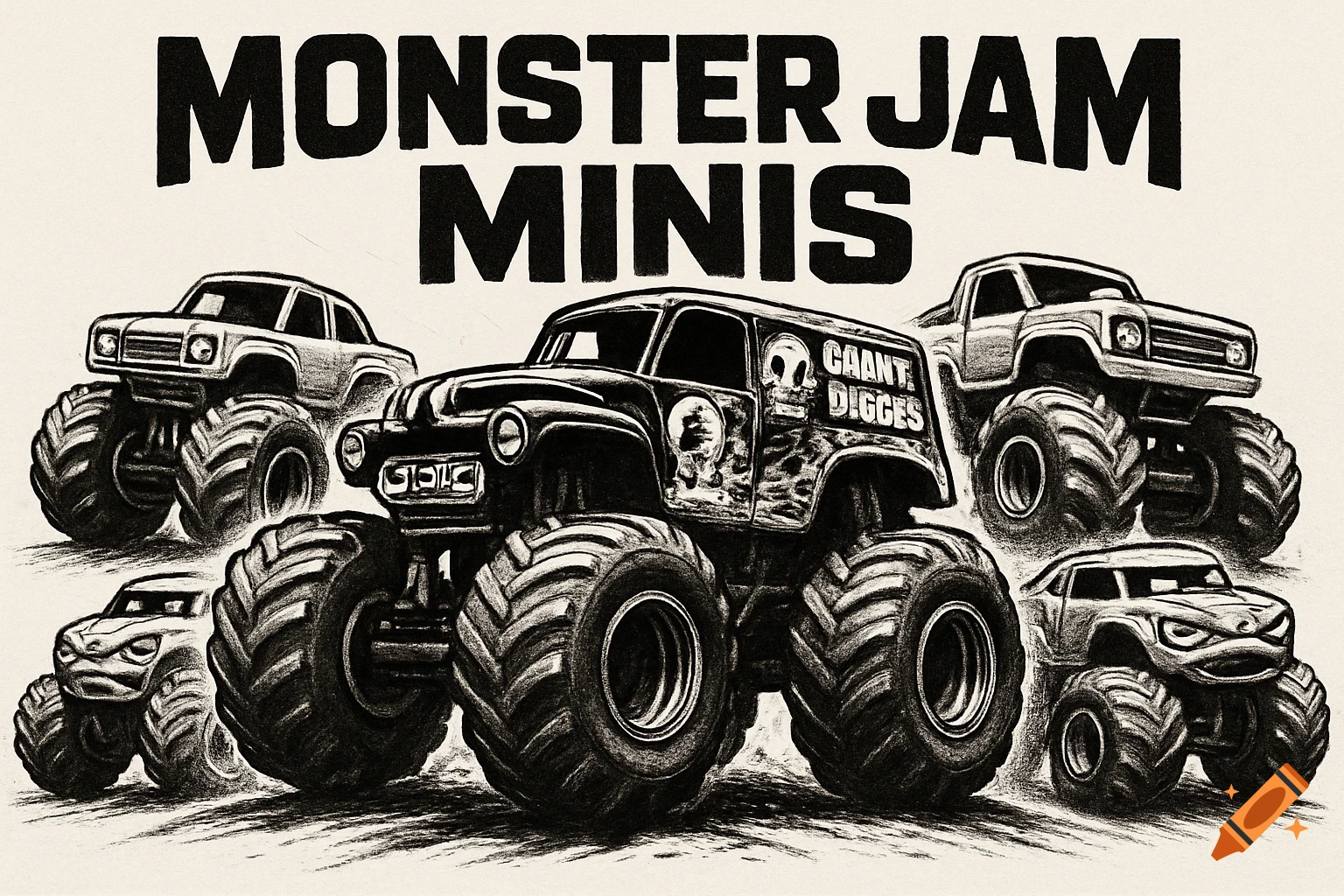 Black and white sketch of several monster trucks, including a large one with 'GAANT DIGGES' on its side. 'MONSTER JAM MINIS' text is above.