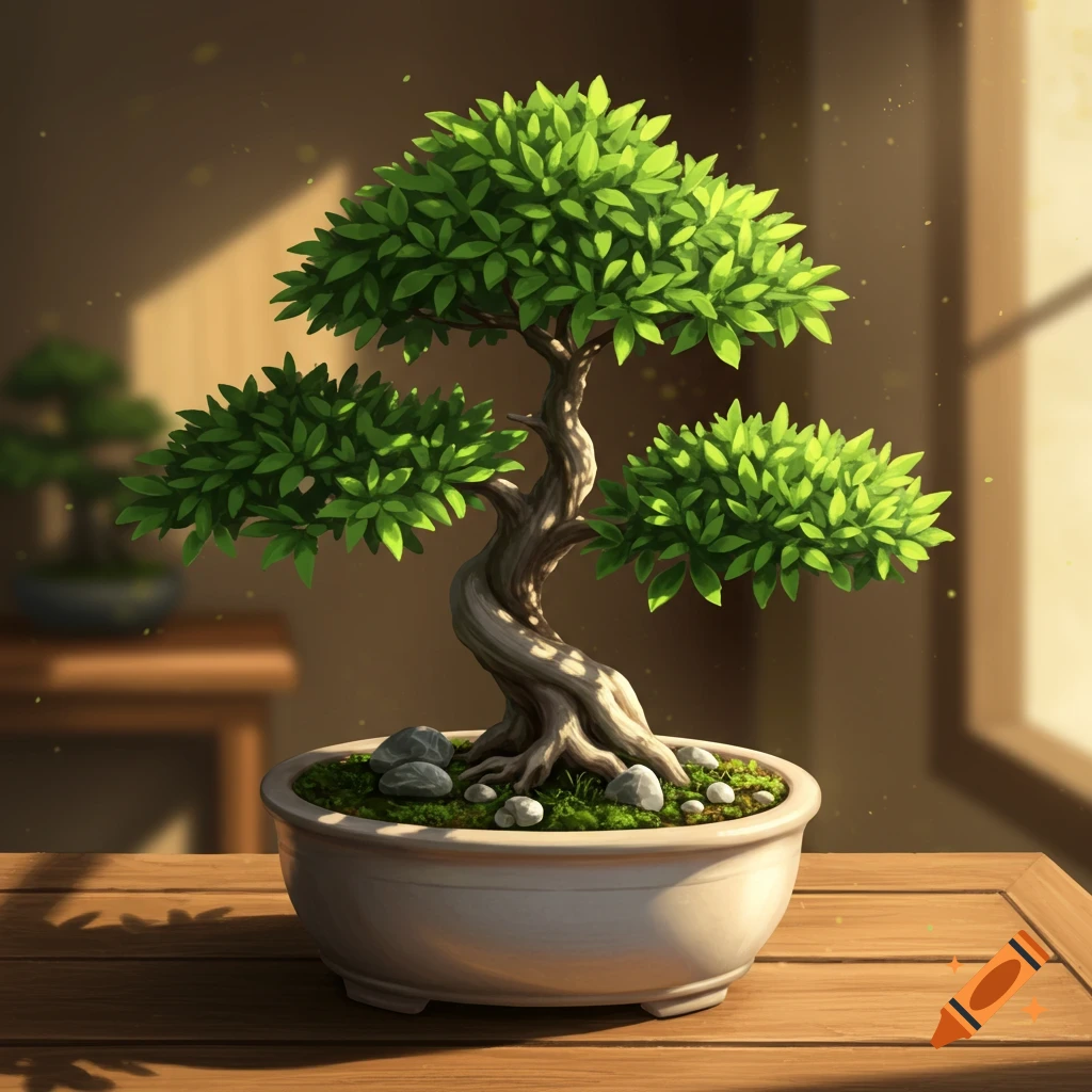 A vibrant green bonsai tree with a twisted trunk in a white pot on a wooden table, illuminated by sunlight from a window.