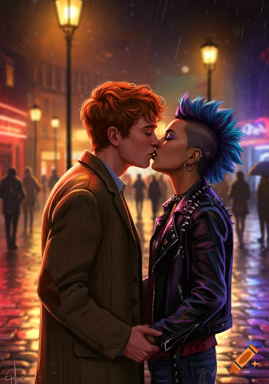 Illustrated man and woman with blue mohawk kiss on a rain-slicked city street under glowing streetlights.