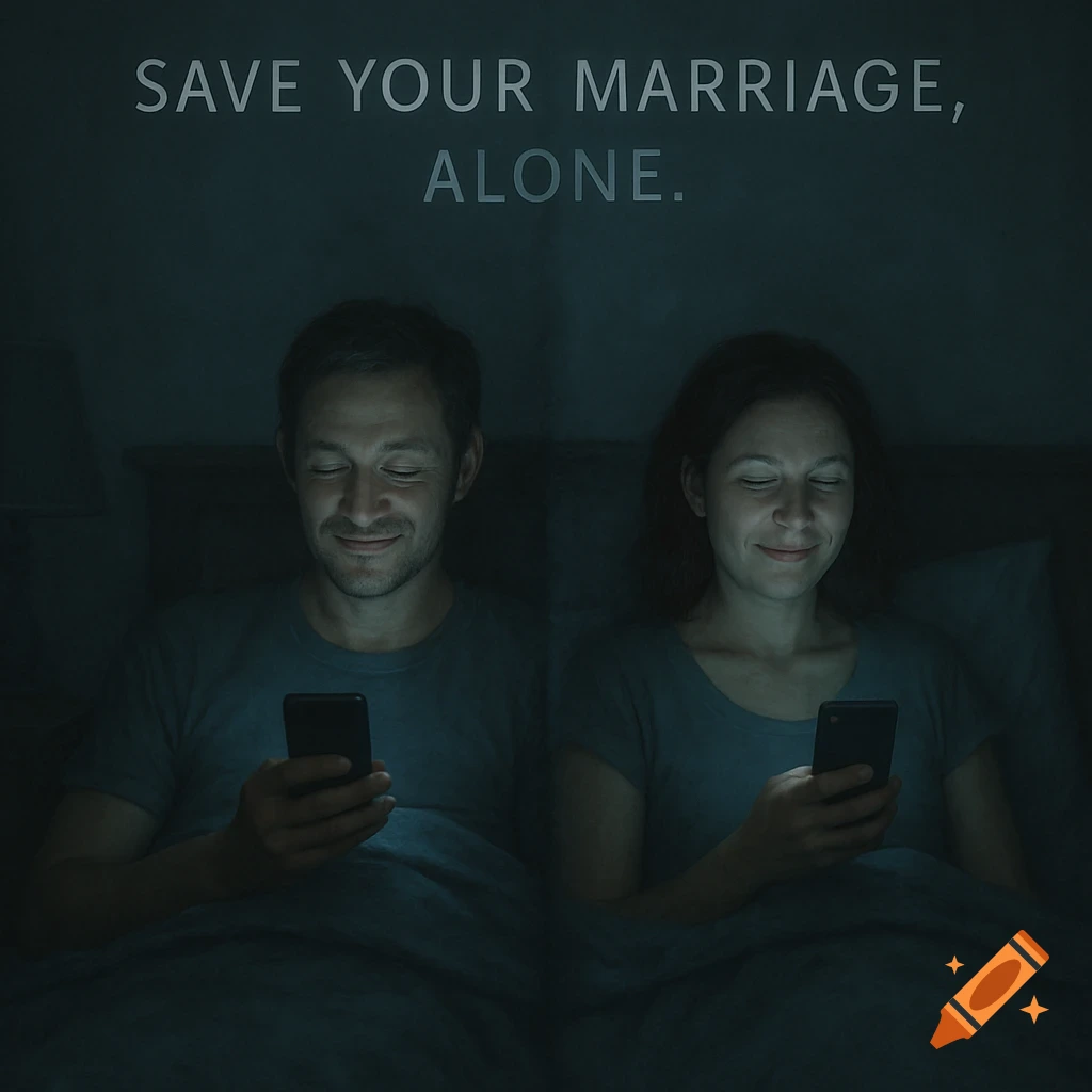 A man and woman in bed, facing away from each other, smiling while looking at their phones in a dark room. Text: SAVE YOUR MARRIAGE, ALONE.