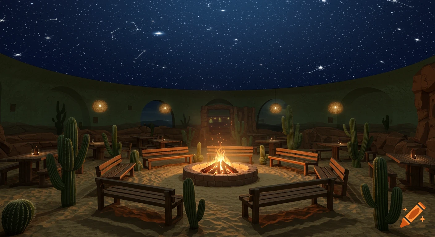 A desert-themed restaurant interior featuring a central fire pit surrounded by benches, a sand floor with cacti, and a domed ceiling displaying a starry night sky.