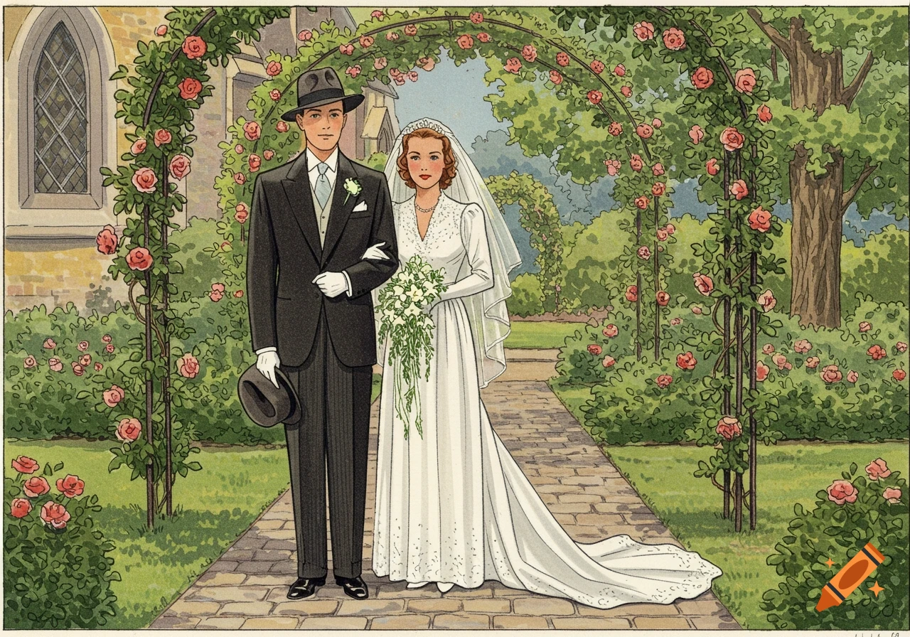 A vintage-style illustration of a 1944 wedding couple, the groom in a tuxedo and the bride in a long white gown, standing arm-in-arm under a rose arch in a church garden.
