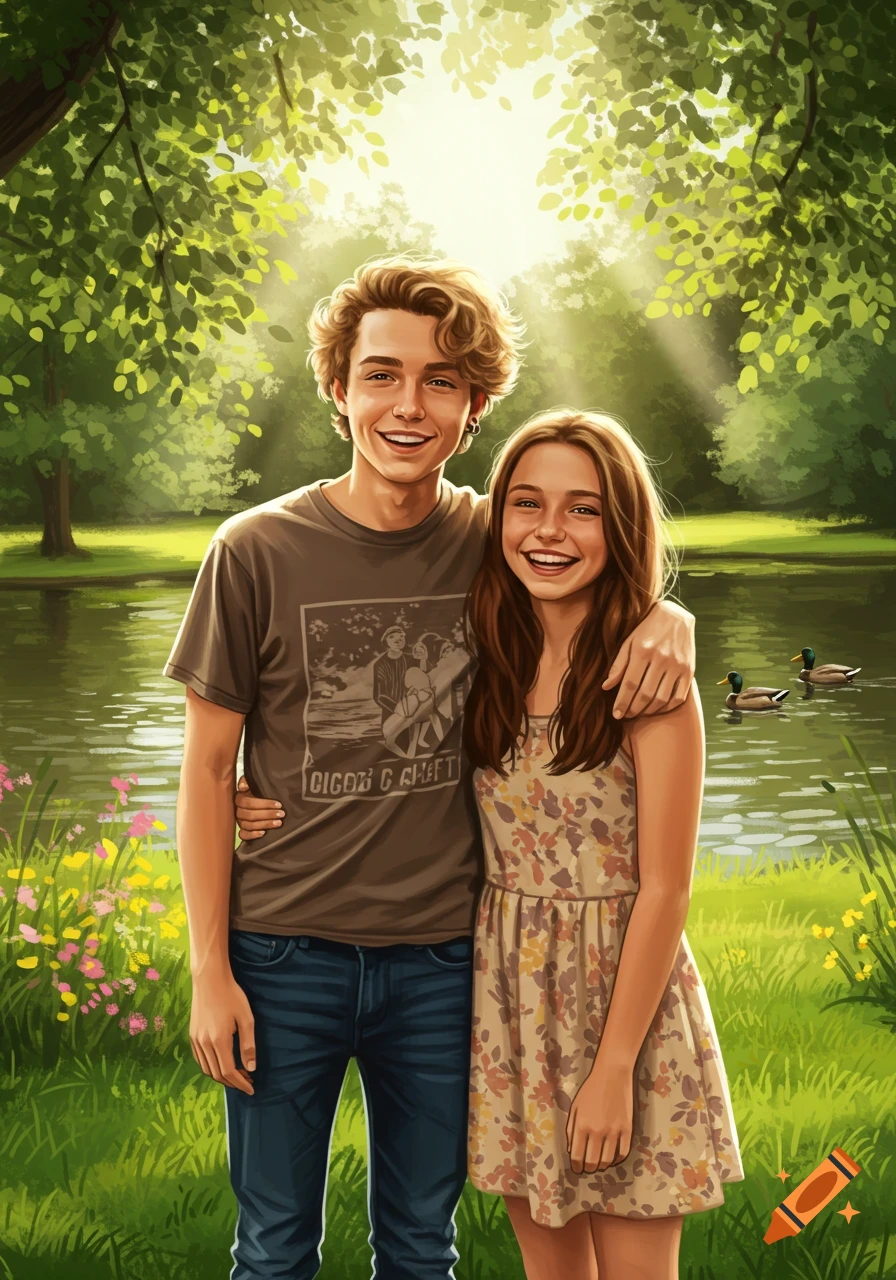 A smiling boy with curly hair and a girl in a floral dress stand by a lake in a sunny park.