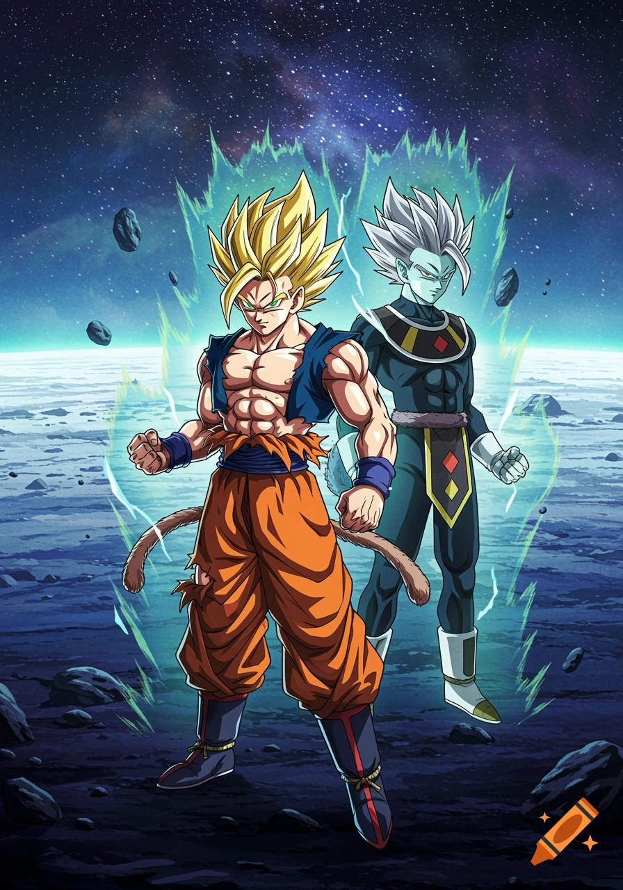 Two muscular anime characters, one with spiky blonde hair and orange pants, the other with spiky white hair and dark robes, stand powerfully in an alien landscape under a starry sky.