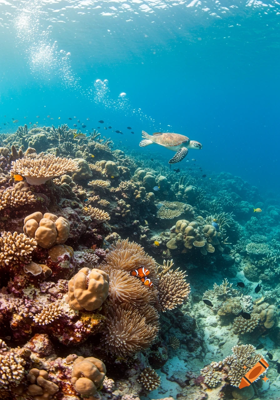 A green sea turtle swims above a colorful coral reef teeming with clownfish and other marine life under clear blue ocean water.