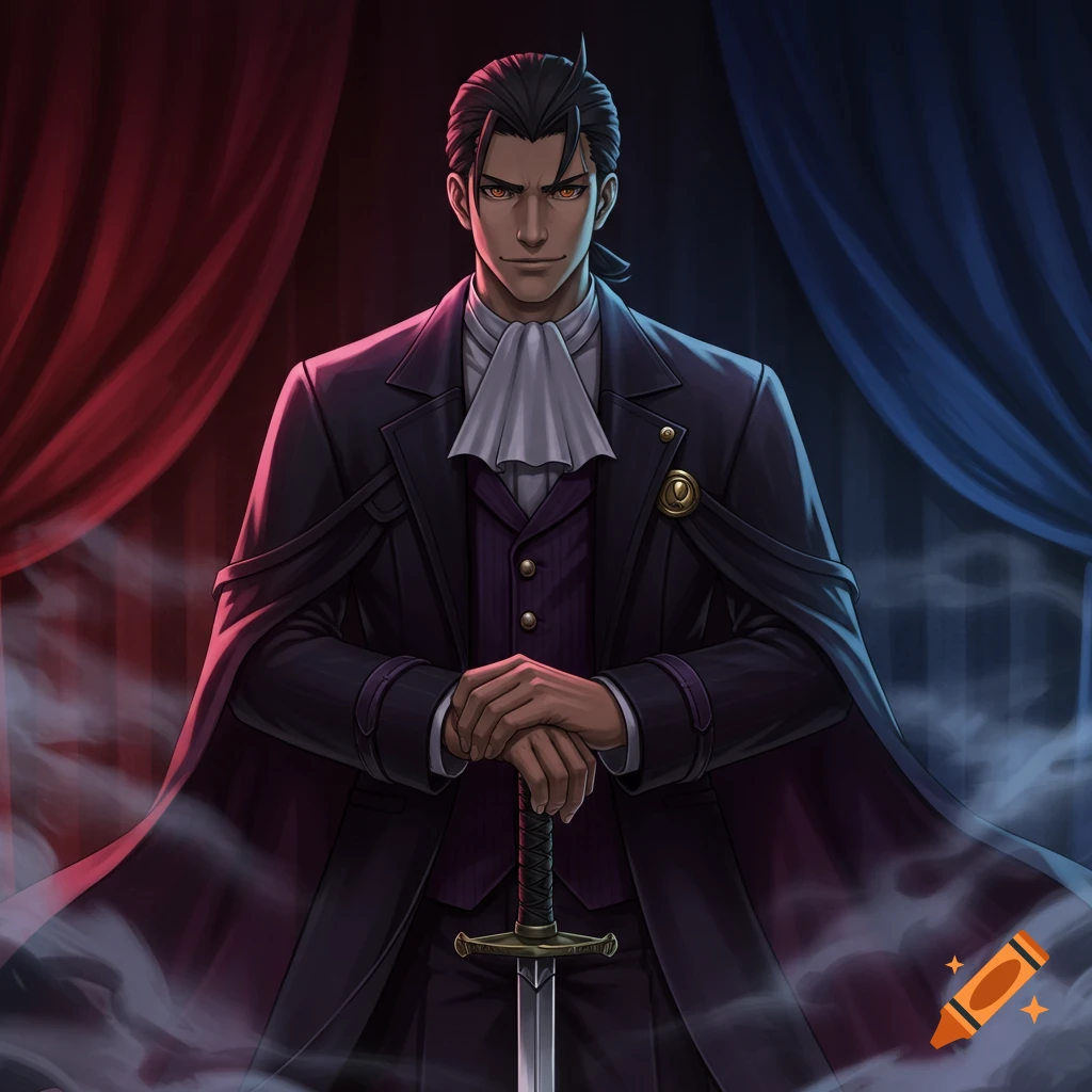 Simon Blackquill, a dark-haired man with orange eyes, wearing a dark suit and cape, holds a sword amidst red and blue curtains with mist.