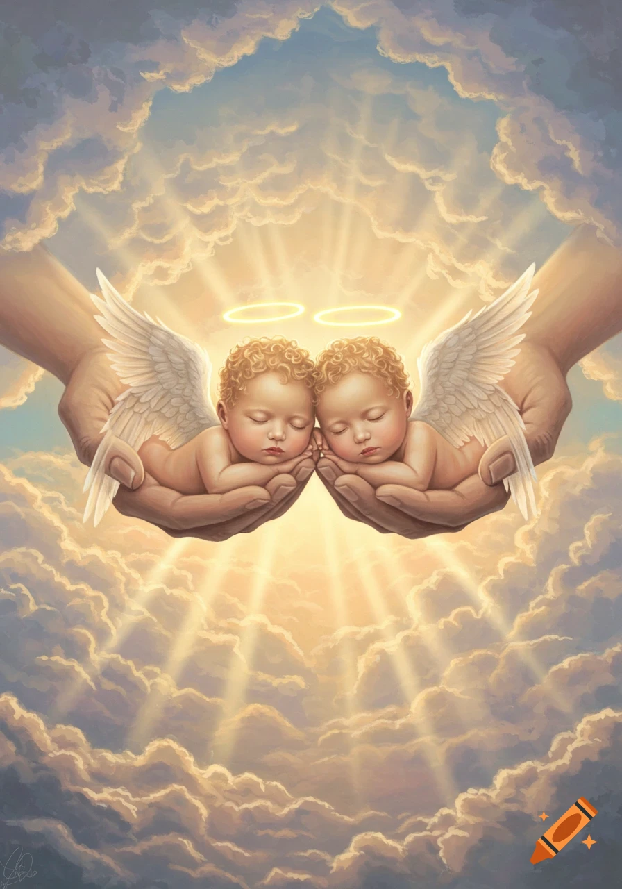 Two sleeping angelic babies with halos and wings rest in giant hands amidst clouds and golden light.