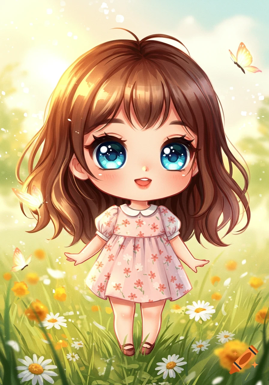 A cute chibi anime girl with brown hair and large blue eyes stands in a sunny field of white and yellow flowers with butterflies.