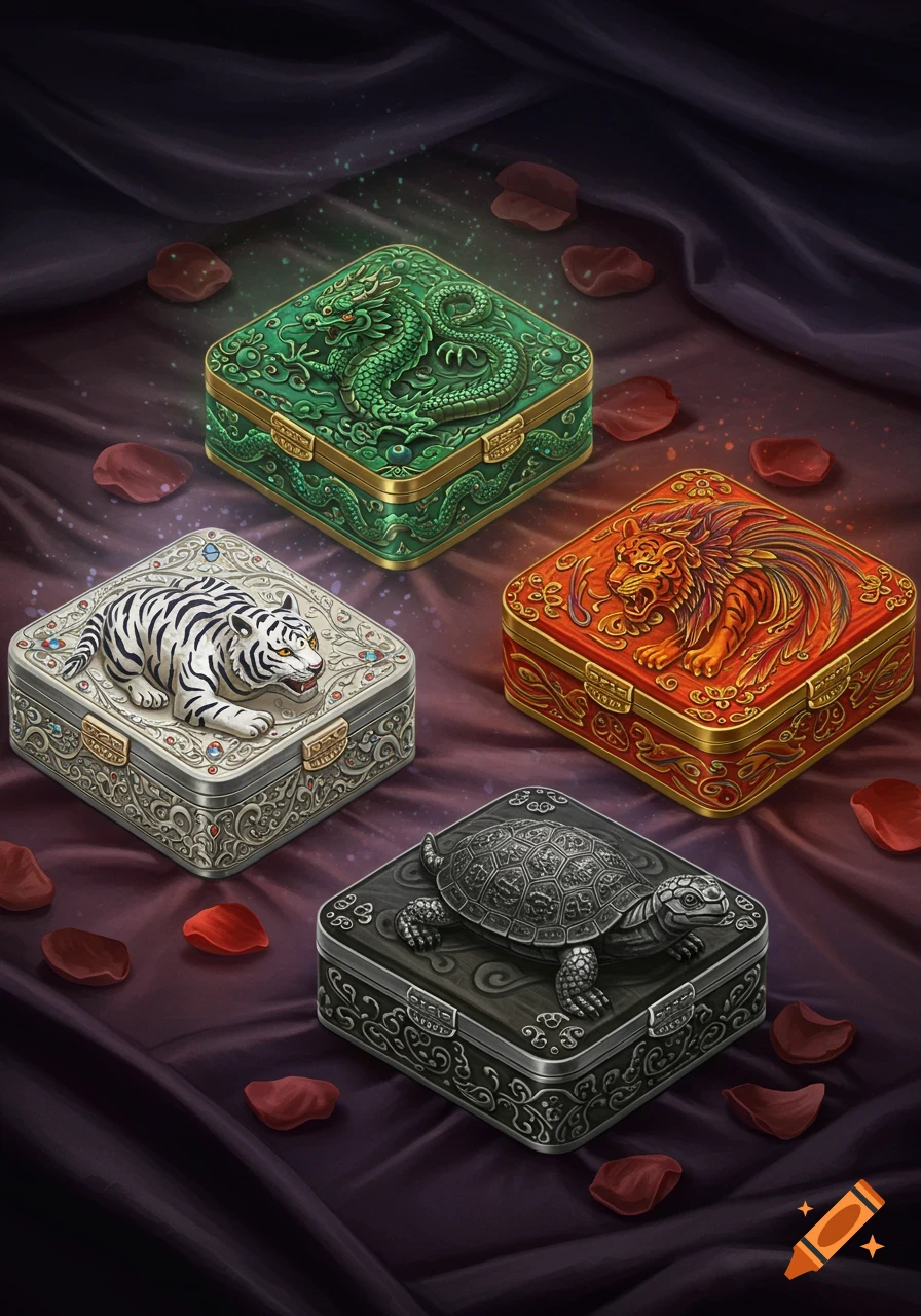 Four ornate trinket boxes on dark fabric with rose petals: green dragon, white tiger, red phoenix, and dark turtle.