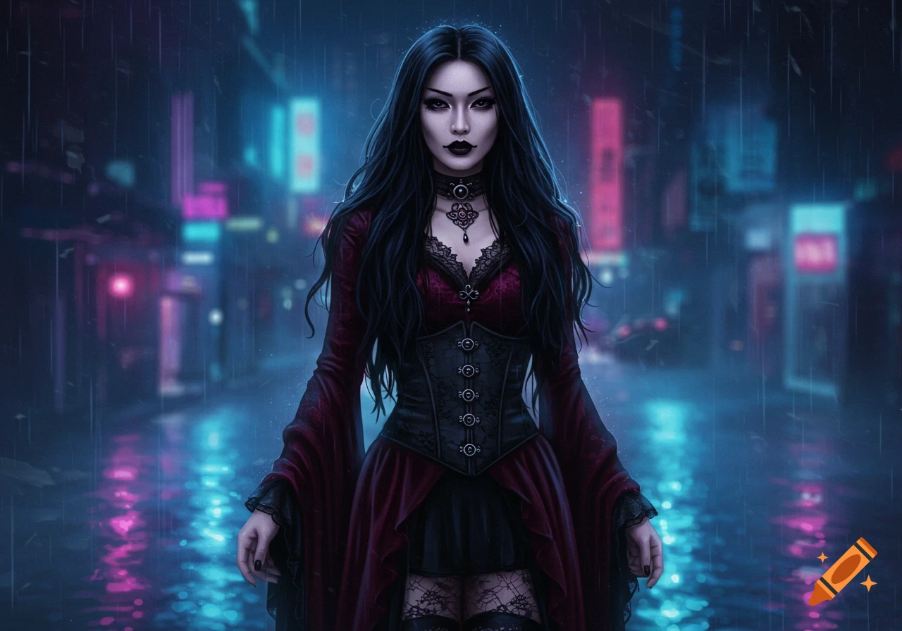 Gothic woman with long dark hair and red dress in a rainy, neon-lit cyberpunk city street at night, digital art.