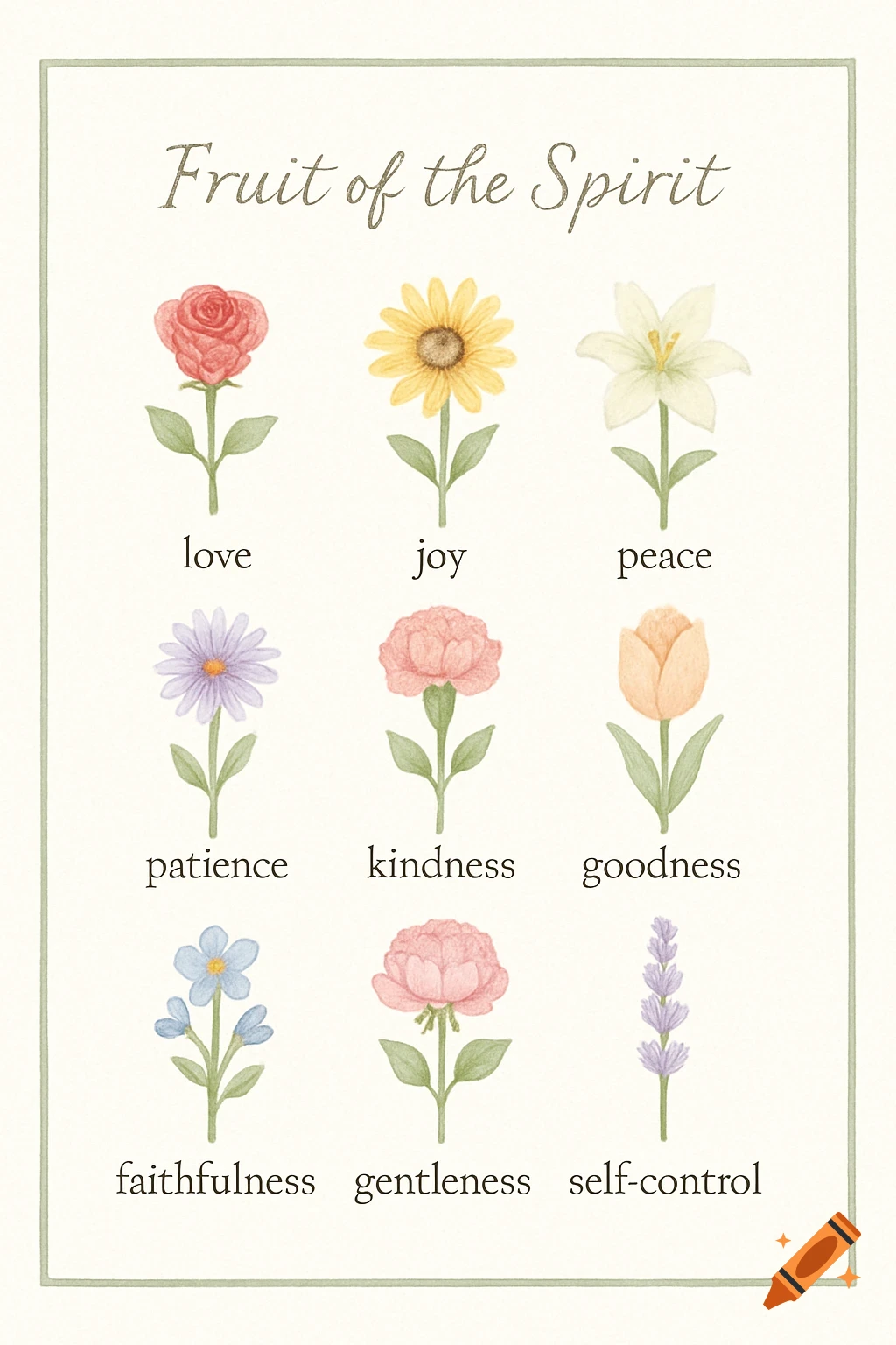 Watercolor illustration of nine flowers representing 'Fruit of the Spirit': love, joy, peace, patience, kindness, goodness, faithfulness, gentleness, self-control.