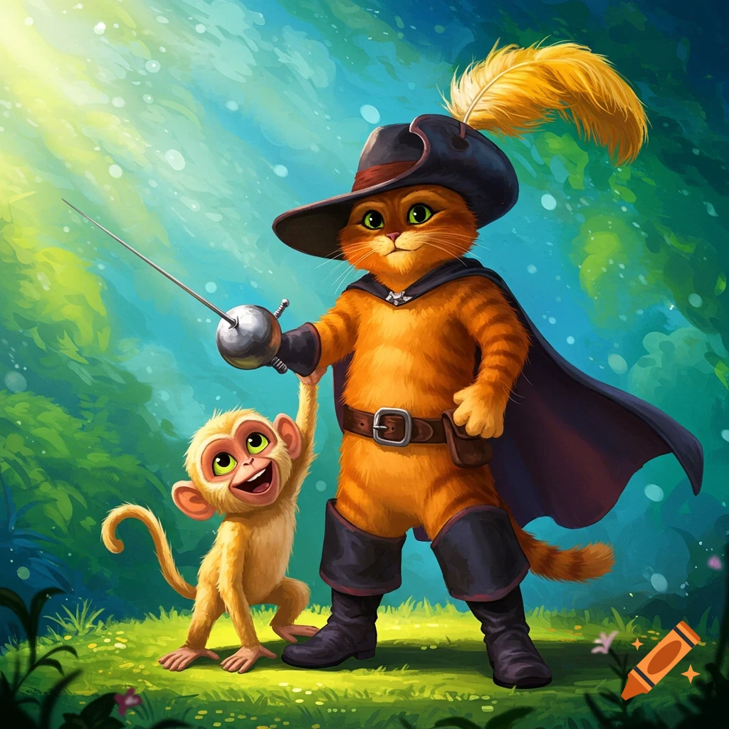 Puss in Boots, a sword-wielding cat, stands with a smiling monkey in a sunlit, vibrant blue and green forest. Cartoon illustration.