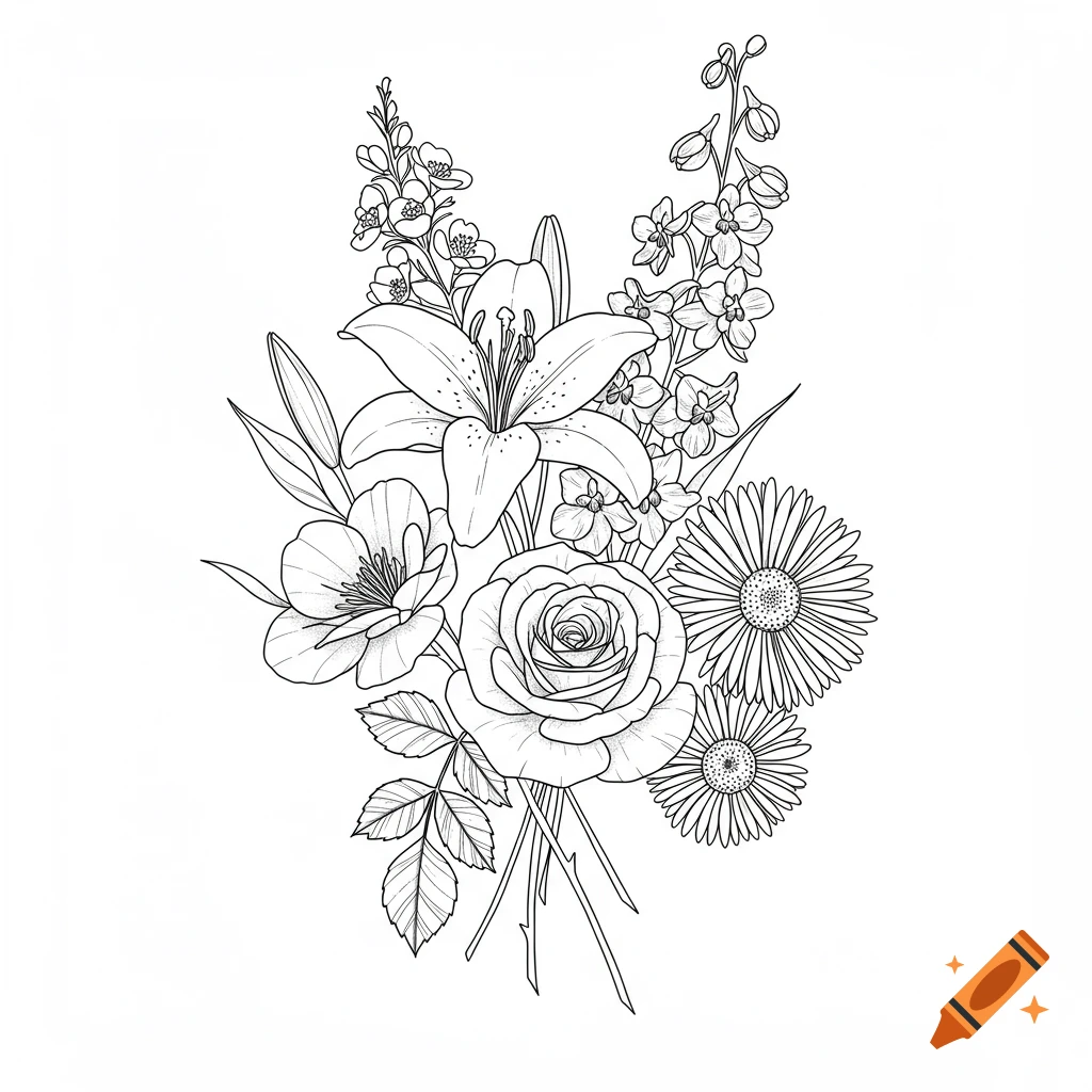 A black and white line art drawing of a bouquet with a lily, rose, delphinium, and aster flowers.