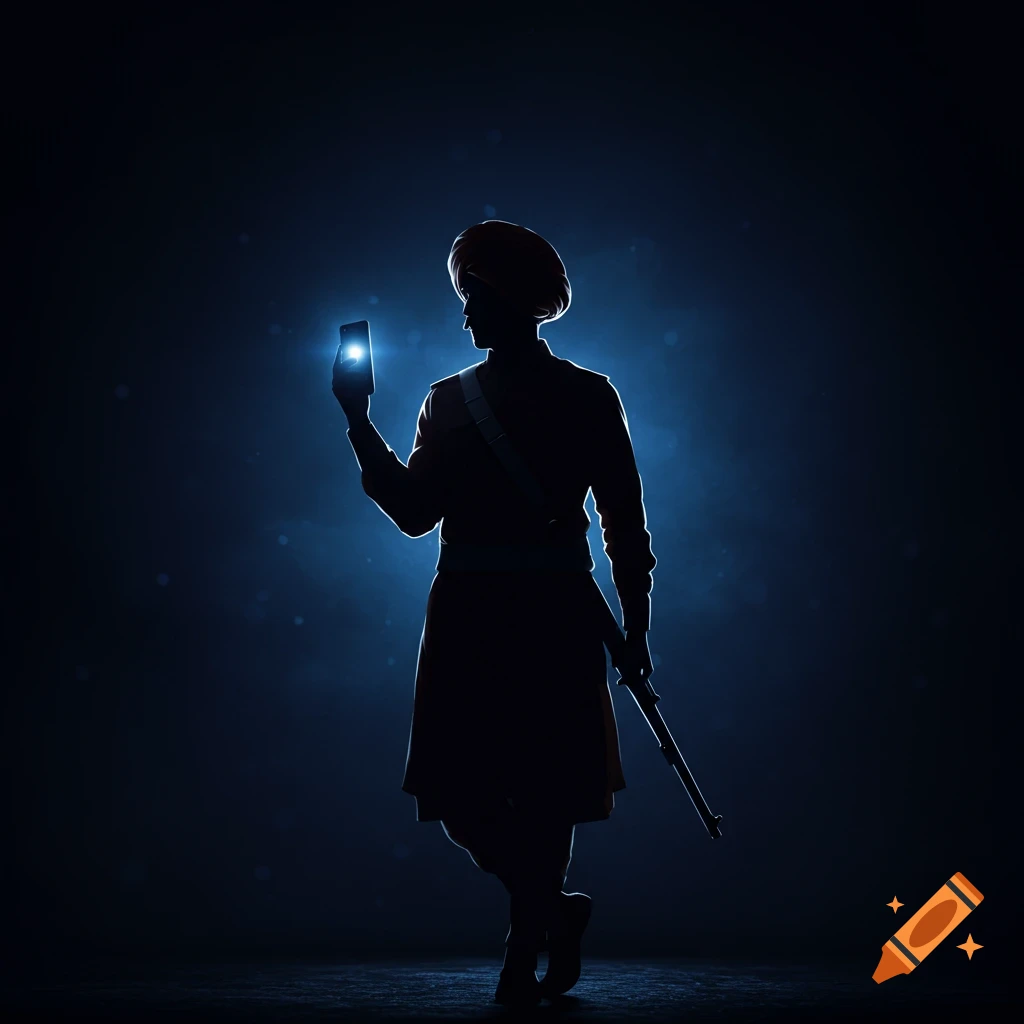 A silhouette of a person wearing a turban and traditional attire, holding a glowing smartphone against a dark blue background.