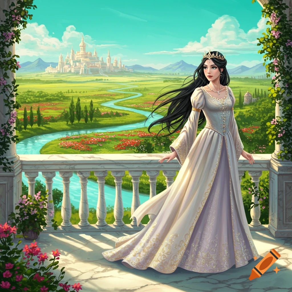 A beautiful princess with long dark hair stands on a balcony overlooking a vibrant fantasy landscape with a white castle, river, and fields of flowers.