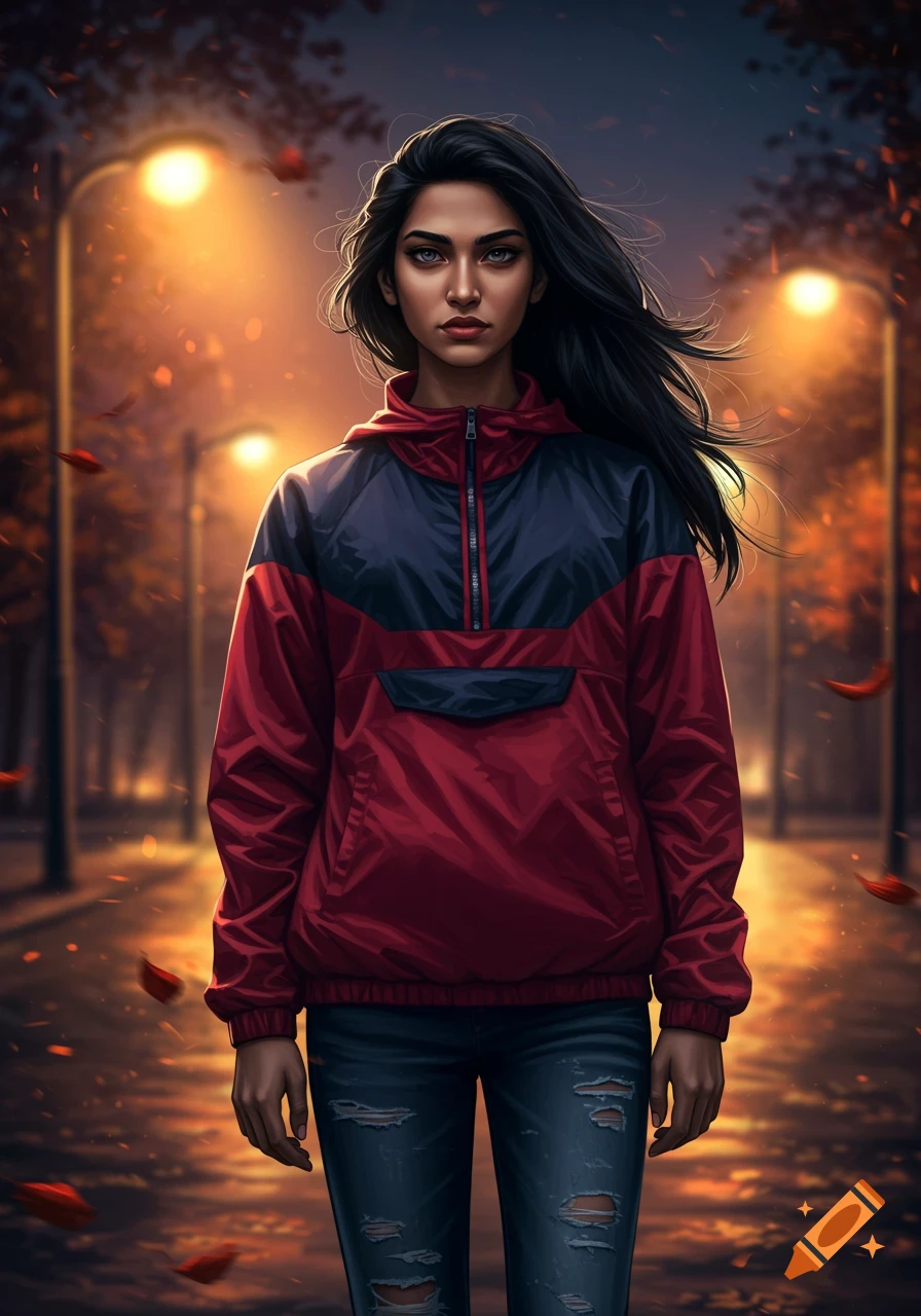 A young woman with dark hair and a serious expression stands on a path at dusk, wearing a red and black windbreaker and ripped jeans, with glowing streetlights and falling autumn leaves in the background. Digital art style.