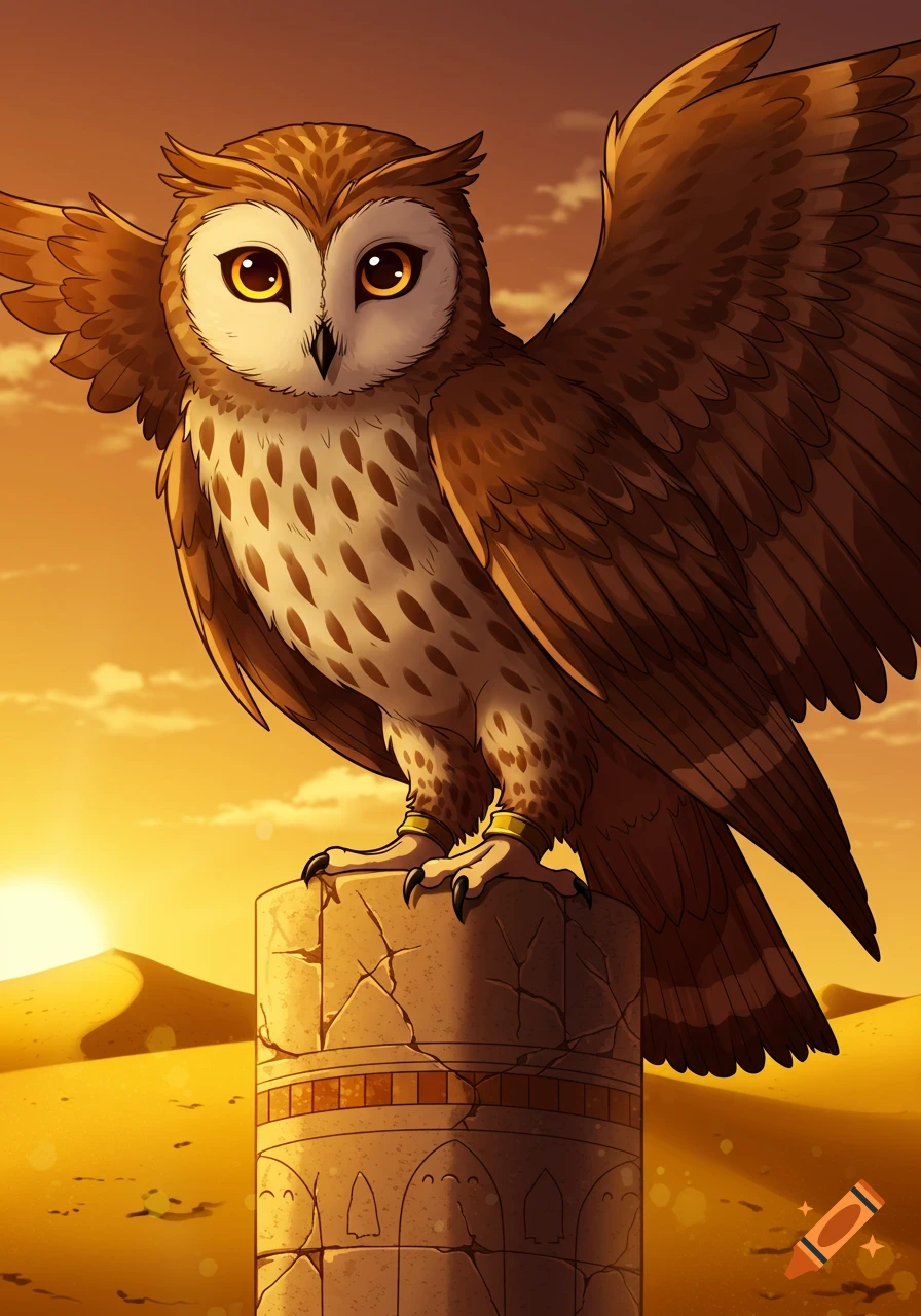 An anime-style Pharaoh eagle-owl perches on a stone pillar in a desert at sunset, with wings spread.