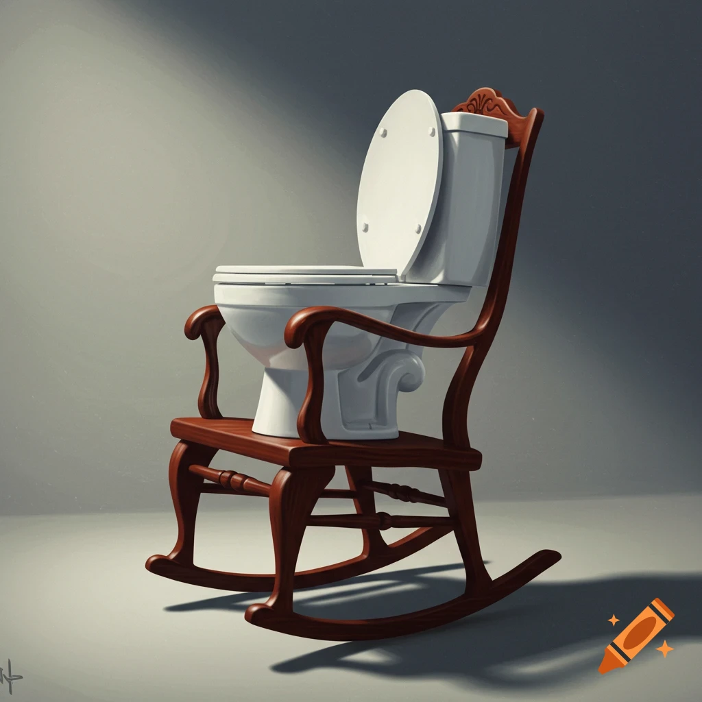 A white toilet is placed on the seat of a wooden rocking chair, illuminated by a spotlight against a gray background.