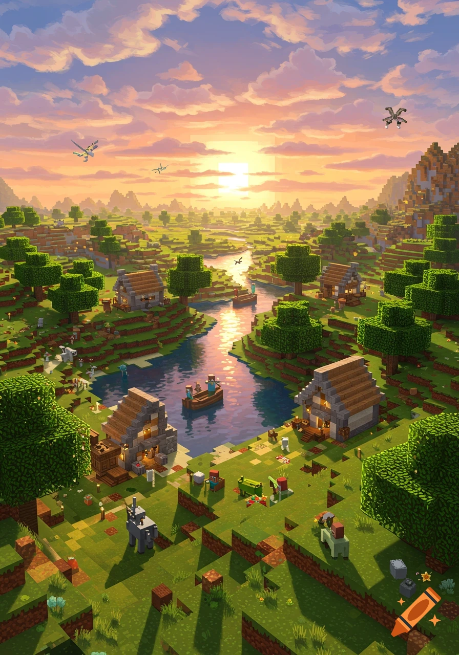 A vibrant Minecraft-style village with blocky houses and trees by a river, illuminated by a colorful sunset.