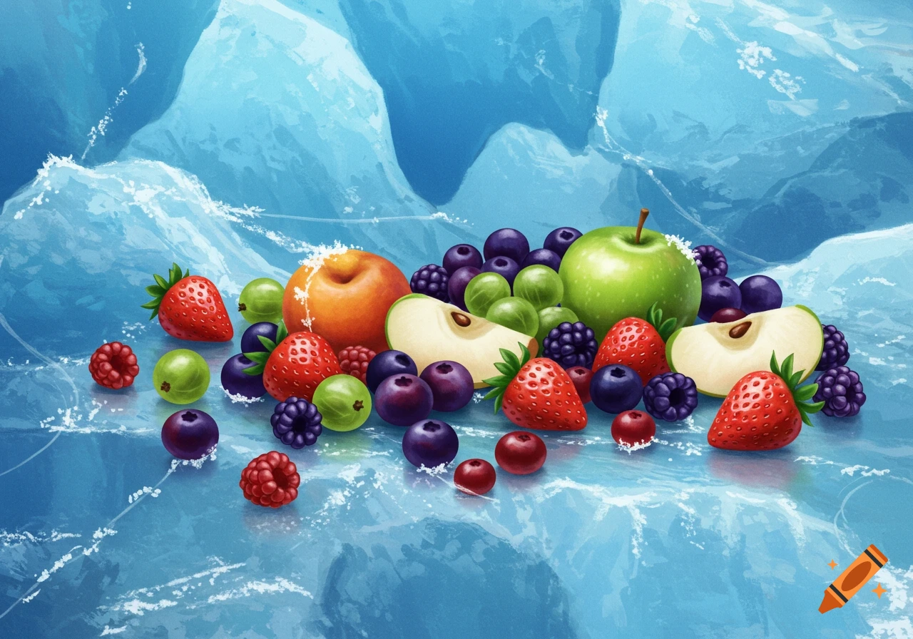 Vibrant illustration of various fruits including strawberries, blueberries, raspberries, an apple, and an orange, scattered on a textured blue icy surface.