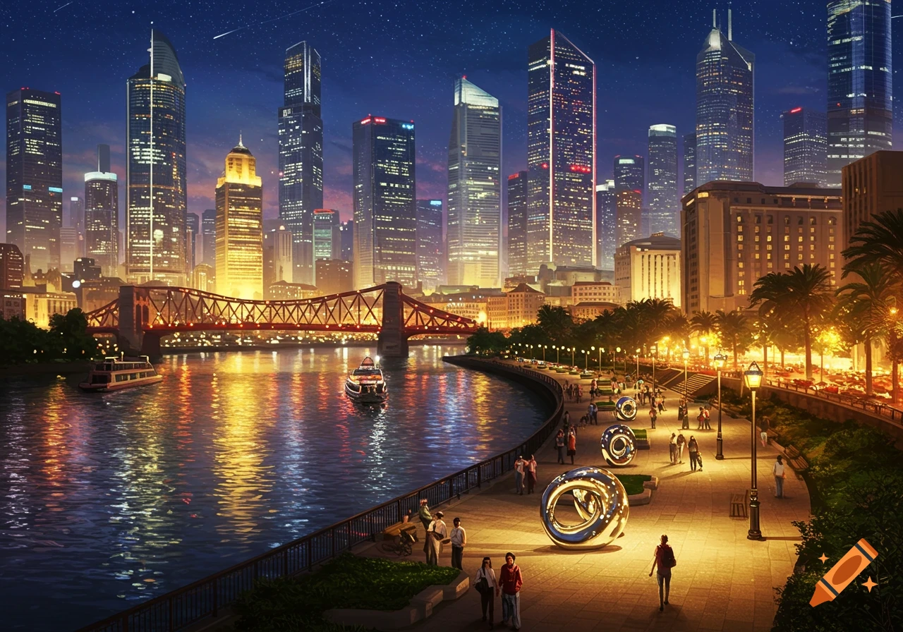 A vibrant night cityscape with illuminated skyscrapers, a red bridge, and boats on a river, reflecting city lights.