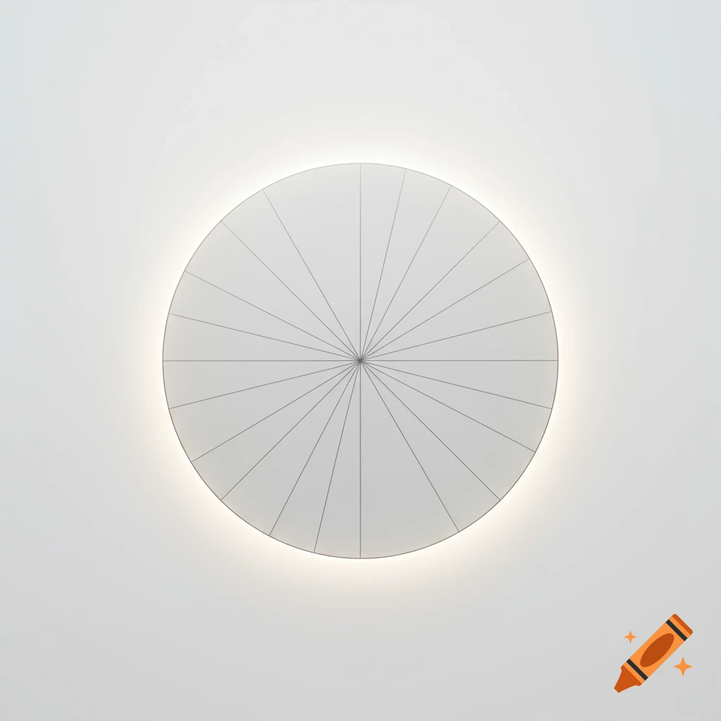 A minimalist abstract image of a white circle with radiating lines and a soft glow on a white background.