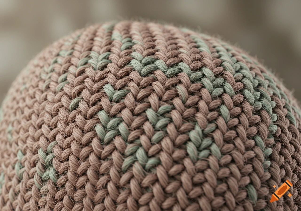 Close-up photorealistic view of a knitted beanie texture with interweaving brown and light green threads.