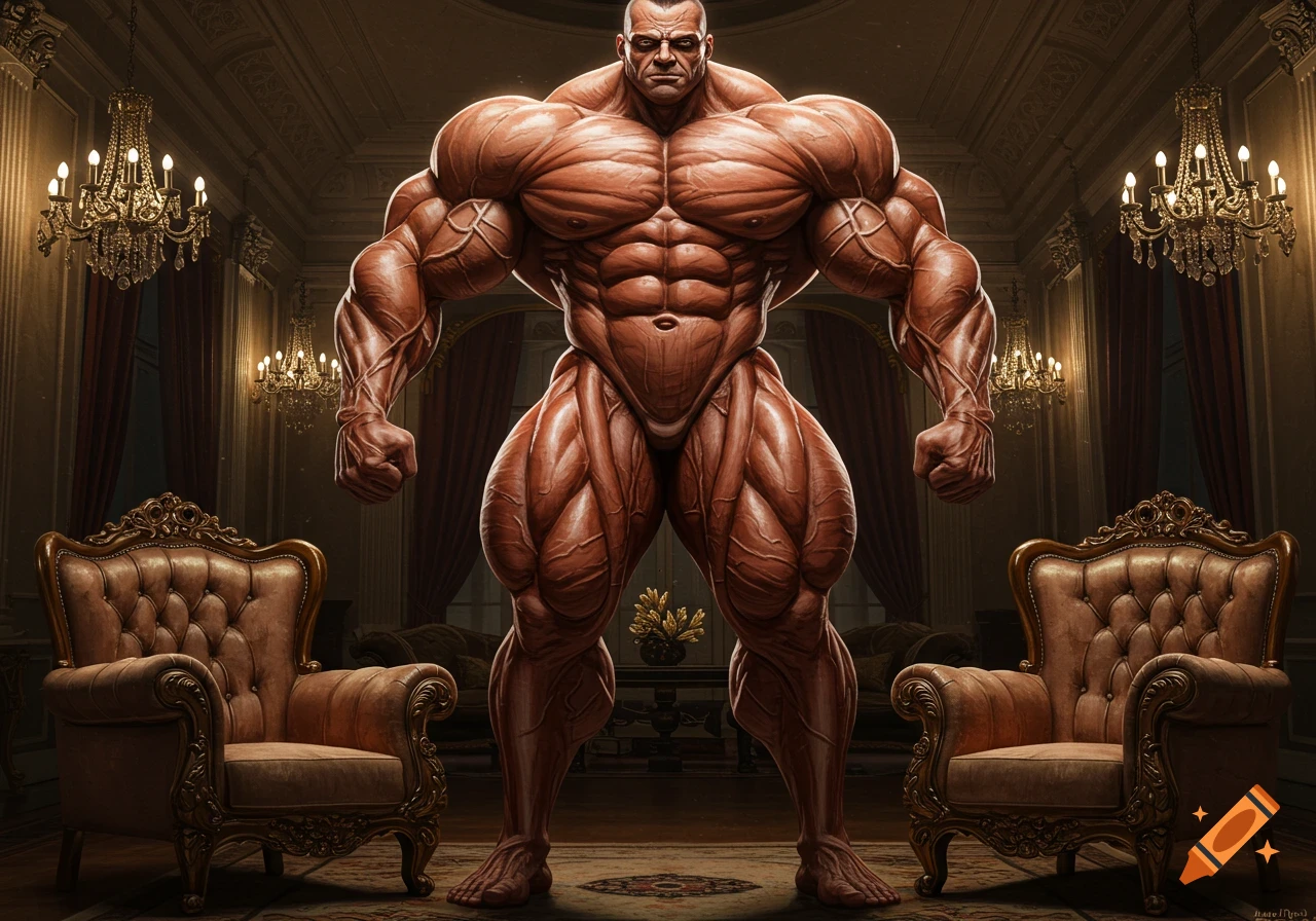 An extremely muscular man with exaggerated muscles stands in a luxurious room between two ornate armchairs.