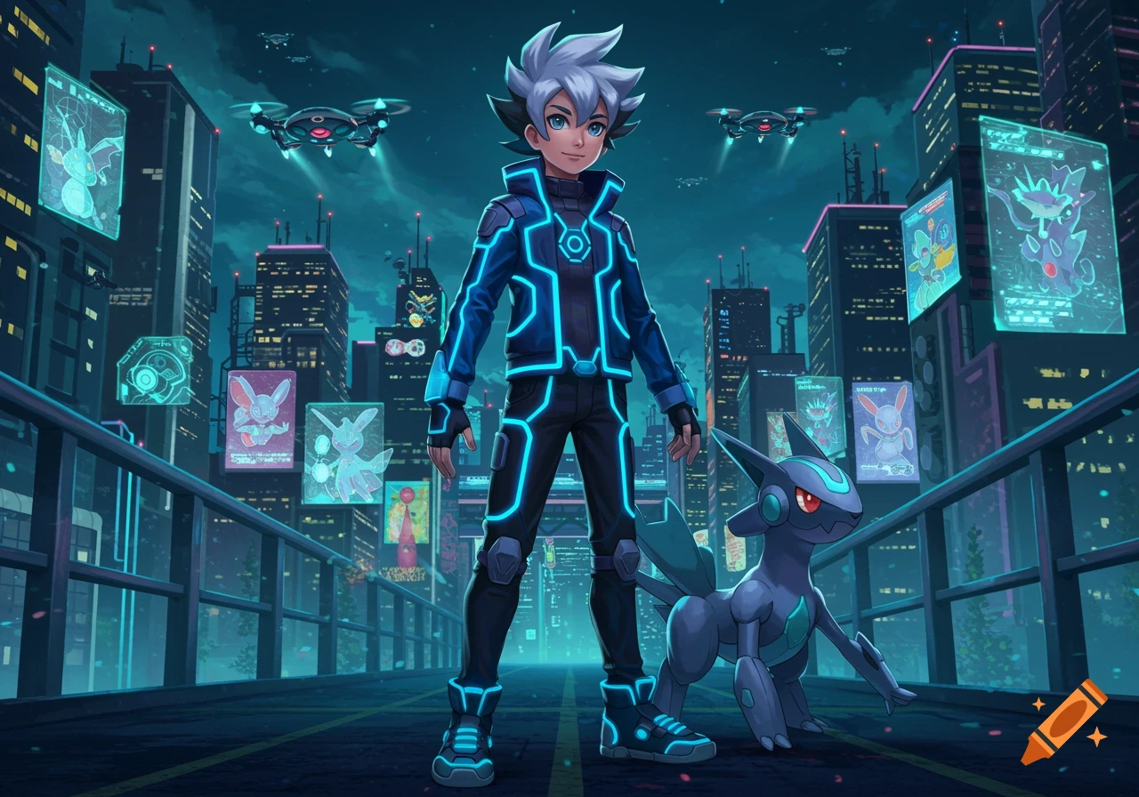 An anime boy with white hair and a glowing blue suit stands next to a dark creature in a futuristic city with holographic screens and drones.