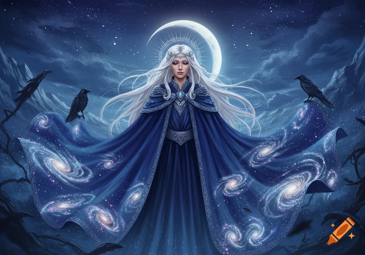 A celestial goddess with long white hair and a blue, star-filled cloak stands under a crescent moon with two ravens.