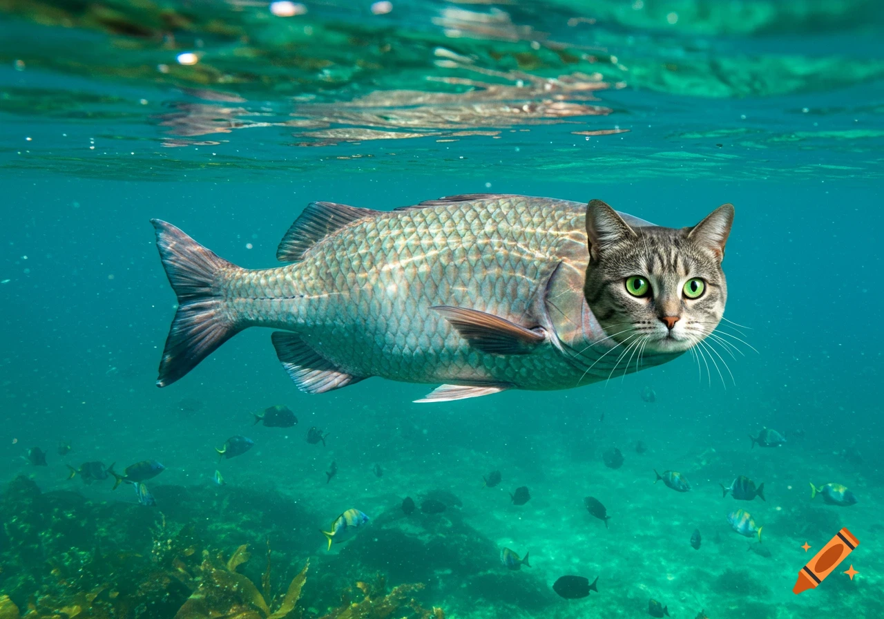 A photorealistic image of a fish with a cat's head, swimming in clear blue ocean water with other small fish and coral below.
