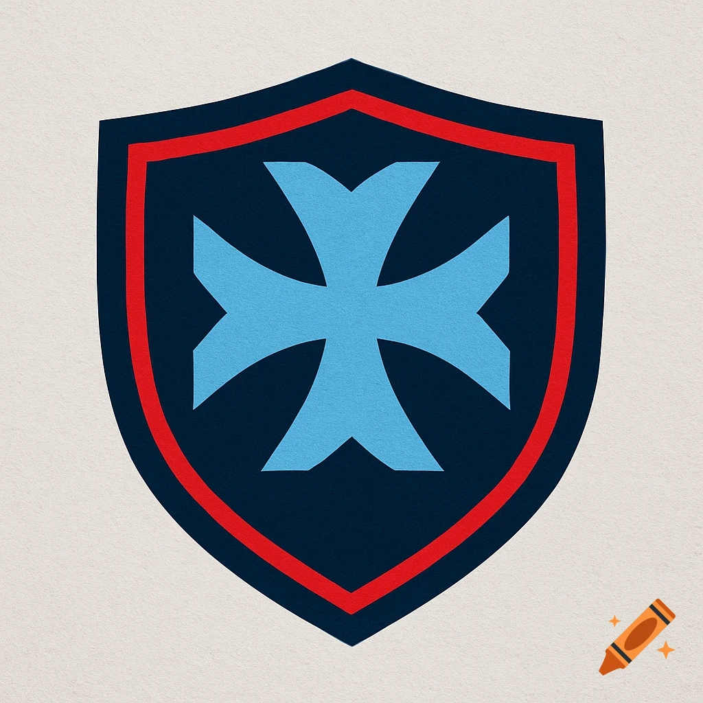 A navy blue shield logo with a light blue St. Maurice cross and a red border on a light background.
