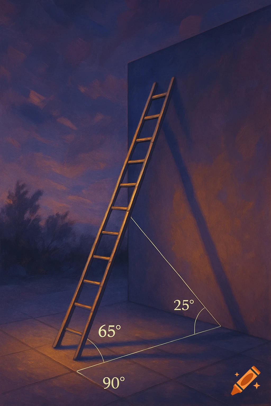 A painterly image of a wooden ladder leaning against a dark wall at sunset, with geometric lines marking angles of 65, 25, and 90 degrees.