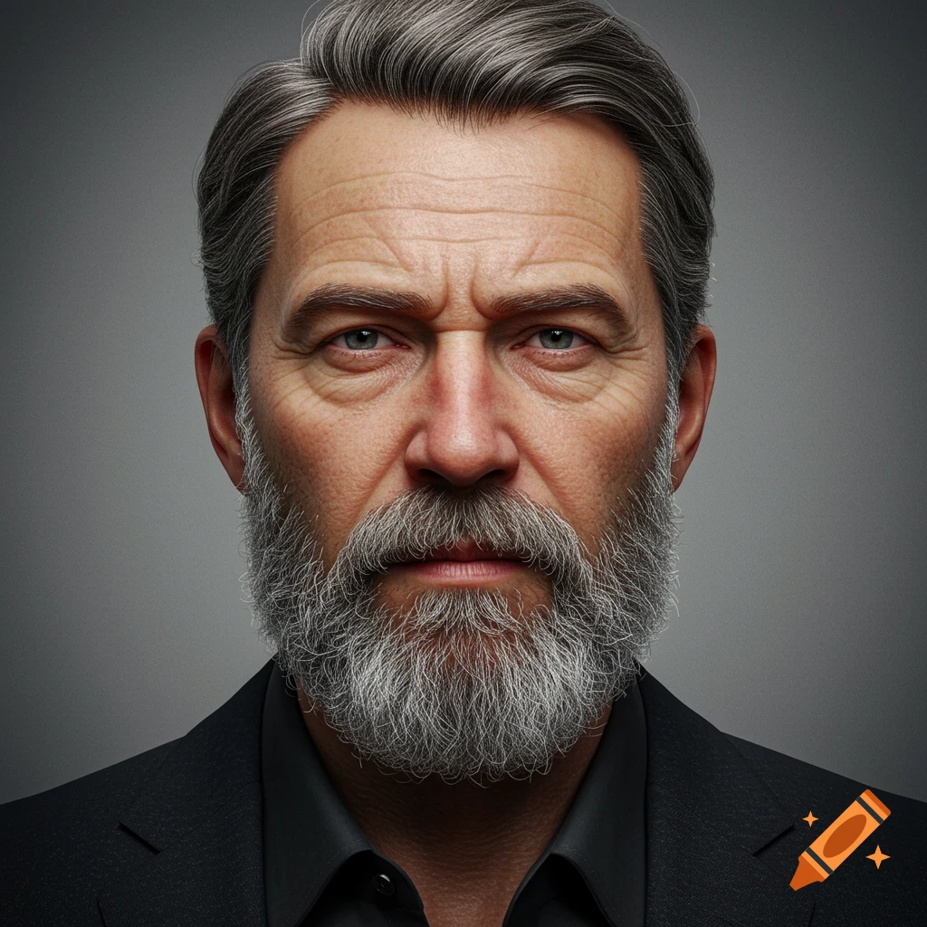 Photorealistic portrait of a serious older man with grey hair and beard, wearing a dark suit.