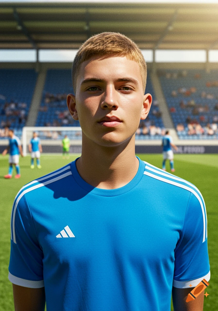 A close-up portrait of a young male soccer player in a blue uniform standing on a field in a stadium.