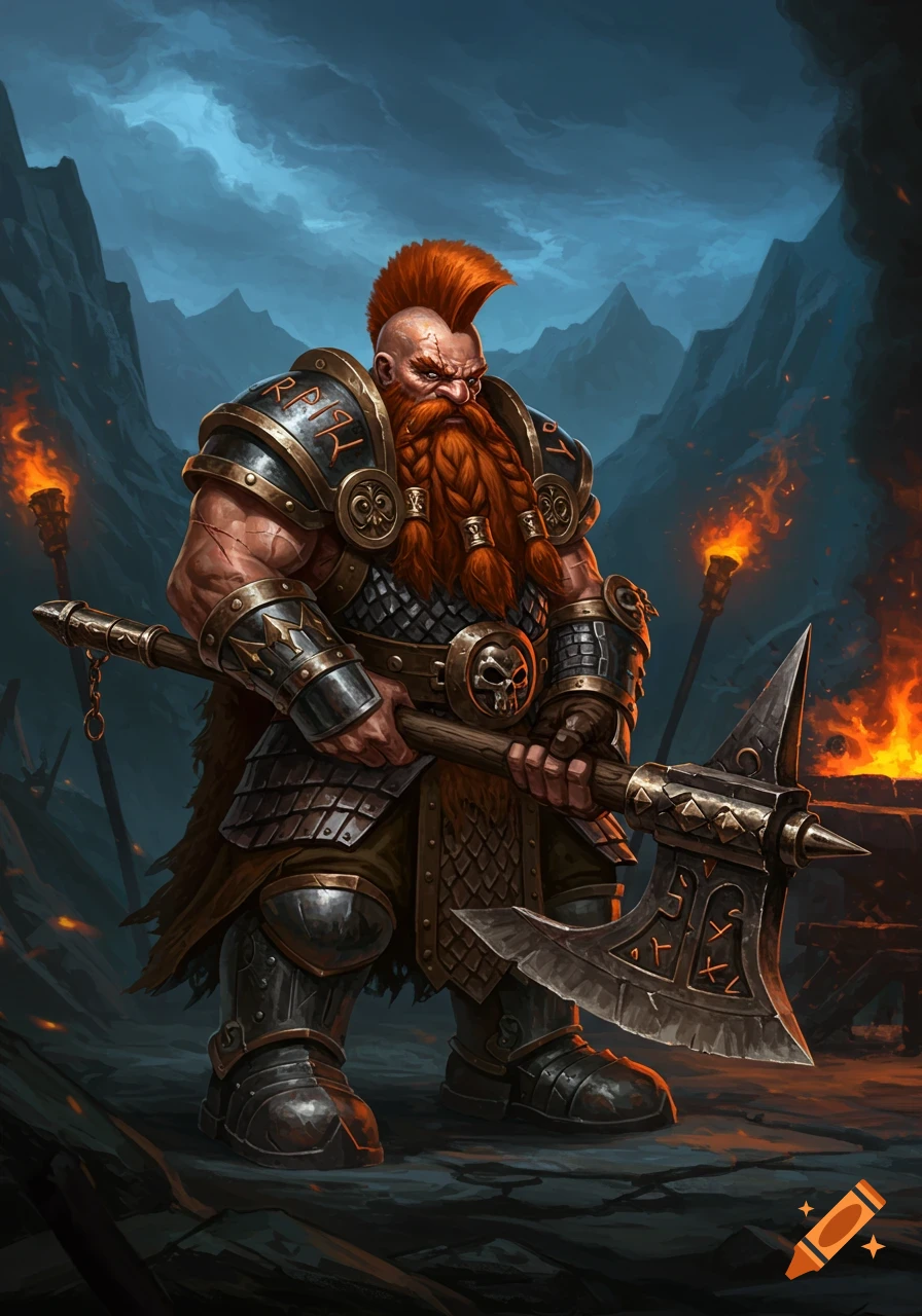 A fierce red-bearded dwarf slayer with a mohawk, heavily armored and wielding a greataxe, stands in a fiery mountain landscape.