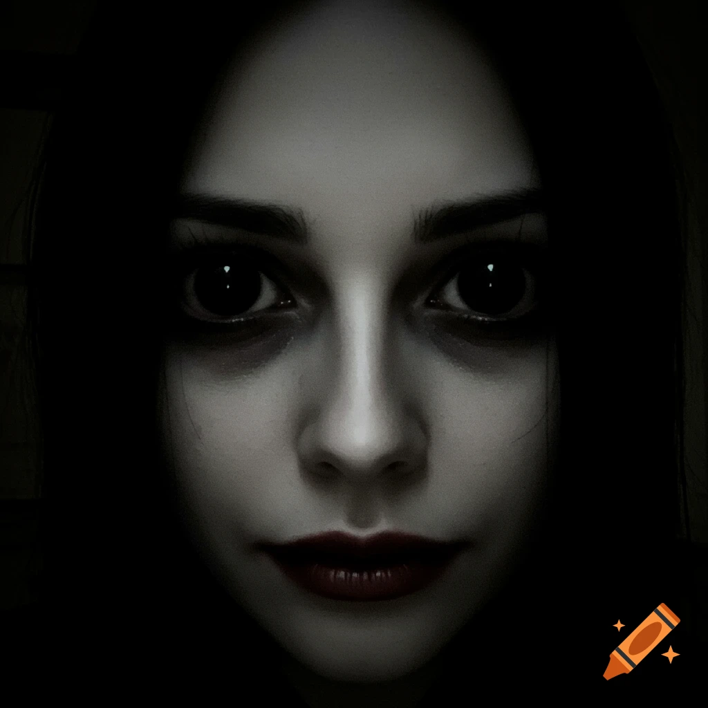 Close-up of a pale woman's face with large, dark eyes and dark red lips, emerging from shadow in a creepy style.