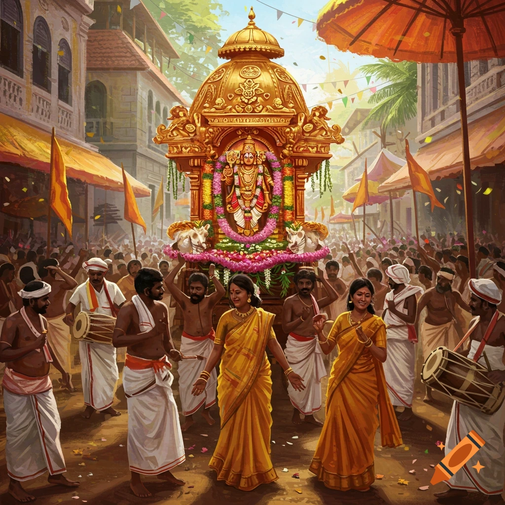 A vibrant painting of a religious procession with a golden chariot carrying Lord Murugan, amidst people in traditional attire dancing and playing drums on a bustling street in Sri Lanka.